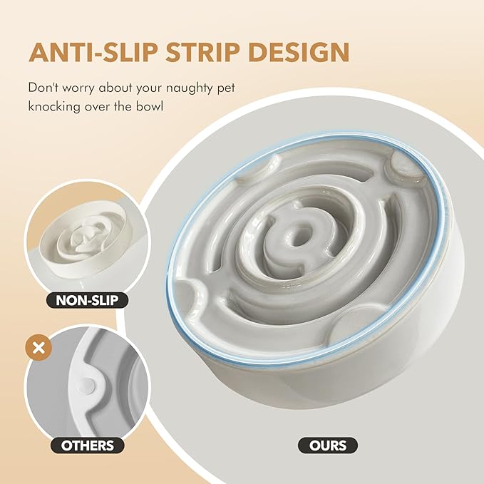 Ceramic 9.5inch Dog Bowl Slow Feeder for Large Dog, Pet Slow Dish, Stop Bloat, Preventing Choking(Single Bowl, Vanilla White)