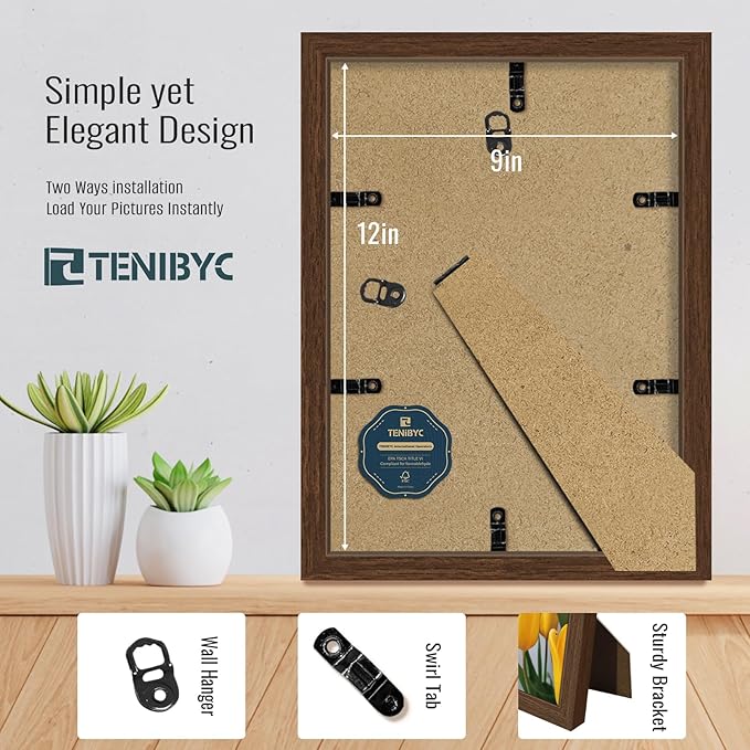 9x12 Picture Frame 4 Pack - Brown Woodgrain, HD Tempered Glass, 9 x 12 Photo Frame, Table or Wall Display, Holiday Decoration