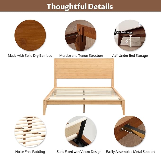 Merax King Size Bamboo Platform Bed, Mid-Century Modern Bed Frame with Tall Headboard, Solid Sustainable Bedframe King-Size, Wood Slat Support, No Box Spring Needed, Easy Assembly, Natural