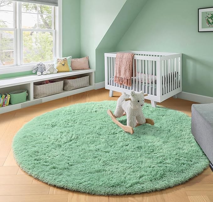 Amdrebio Sage Green Round Rug 6Ft for Living Room Bedroom, Fluffy Furry Circle Rugs for Nursery, Classroom, Baby Kids Room Decor, Cute Shaggy Area Rug for Teen Boys, Fuzzy Plush Light Mint Carpet