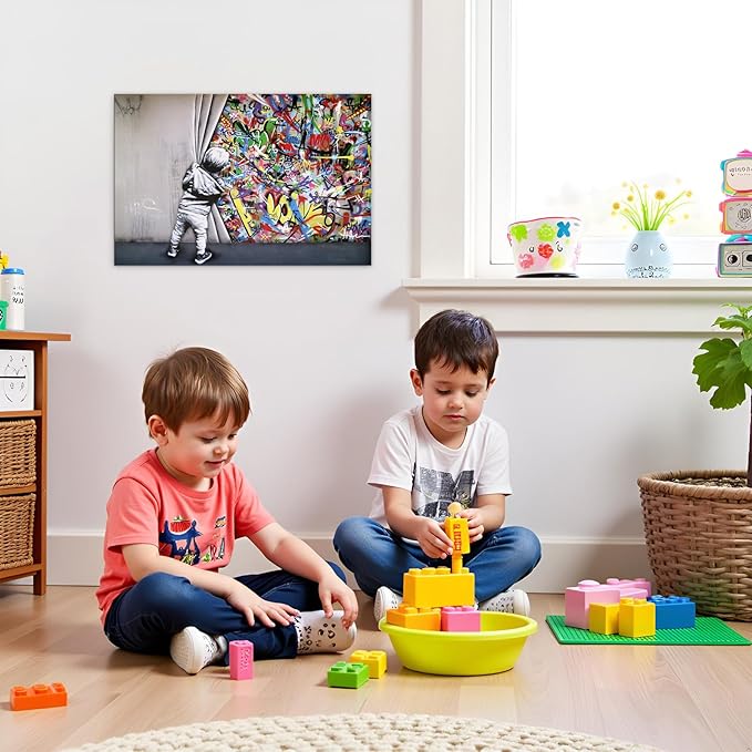 Banksy Canvas Wall Art Colorful Behind The Curtain Posters - 16x24 Inches Built-in Wooden Frame, Lightweight & Ready to Hang, Graffiti Banksy Wall Art Street Prints for Bedroom, Living Room Decor