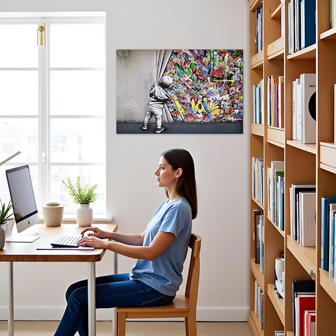 Banksy Canvas Wall Art Graffiti Wall Art Behind The Curtain Picture - 28x40 Inches Built-in Wooden Frame, Lightweight & Ready to Hang, Urban Street Art for Office, Bedroom, Living Room Decor