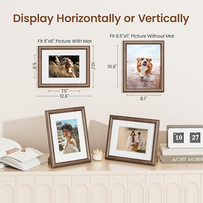 8.5x11 Picture Frame, USA-Sourced Walnut Wood with Tempered Glass, Display 6x8 with Mat or 8.5x11 Without Mat, 8.5 by 11 Photo Frame for Wall & Tabletop Display, Handcrafted Wood Frame, 3 Pack