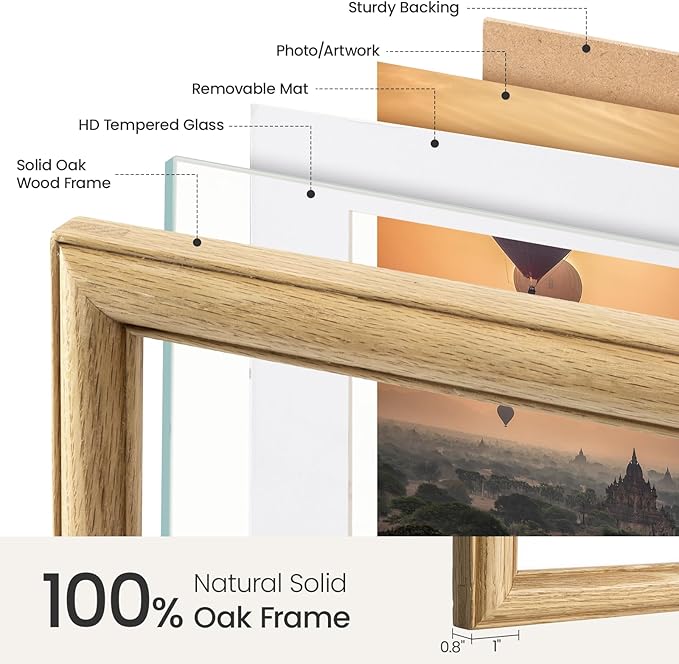 Vivelove 6x8 Picture Frame, Solid Oak Wood 6x8 Frame Display 5x7 with Mat or 6 x 8 Without Mat, 6 by 8 Photo Frame for Wall & Tabletop Display, Natural Oak Color, 3 Pack