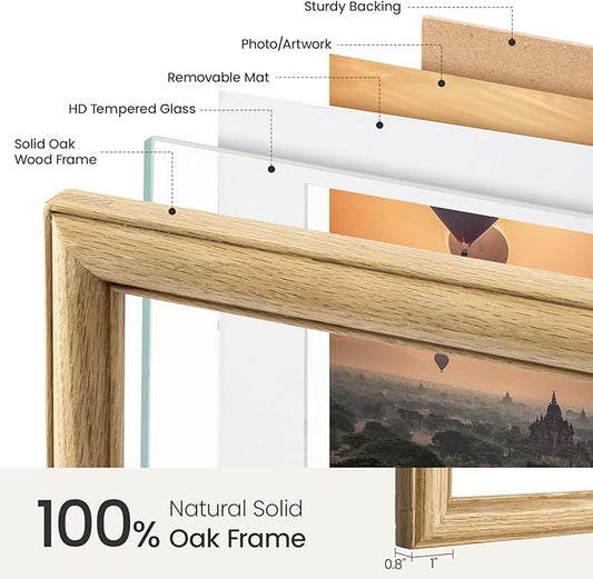 Vivelove 6x8 Picture Frame, Solid Oak Wood 6x8 Frame Display 5x7 with Mat or 6 x 8 Without Mat, 6 by 8 Photo Frame for Wall & Tabletop Display, Natural Oak Color, 1 Pack