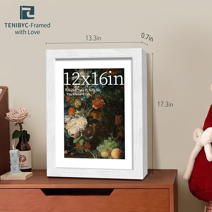 12x16 Picture Frame 4 Pack, HD Tempered Glass, Elegant Wood Grain, Classic White Photo Frame, Wall Hanging - Bedroom Decoration