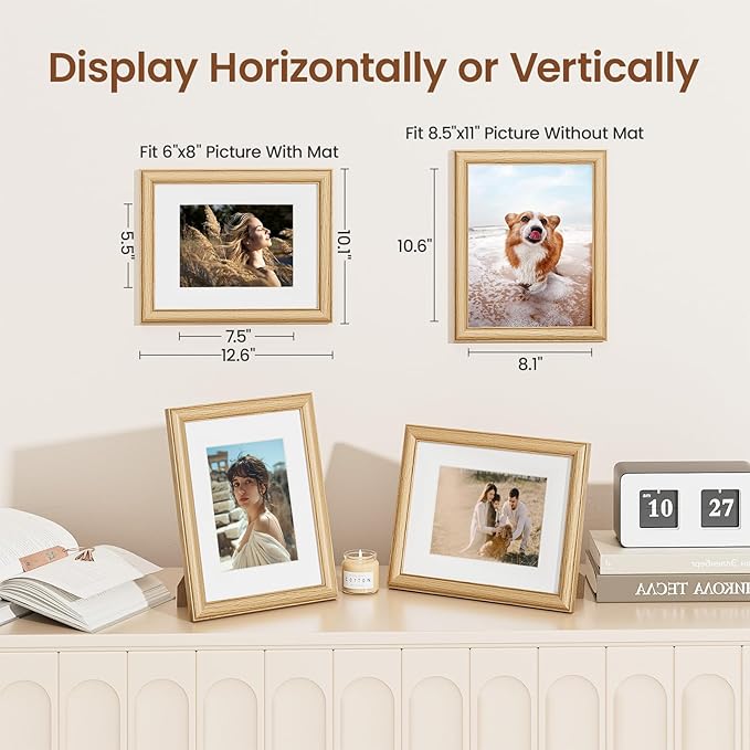 Vivelove 8.5x11 Picture Frame, Solid Oak Wood Frame Display 6x8 with Mat or 8.5x11 Without Mat, 8.5 by 11 Photo Frame for Wall & Tabletop Display, Natural Oak Color, 1 Pack