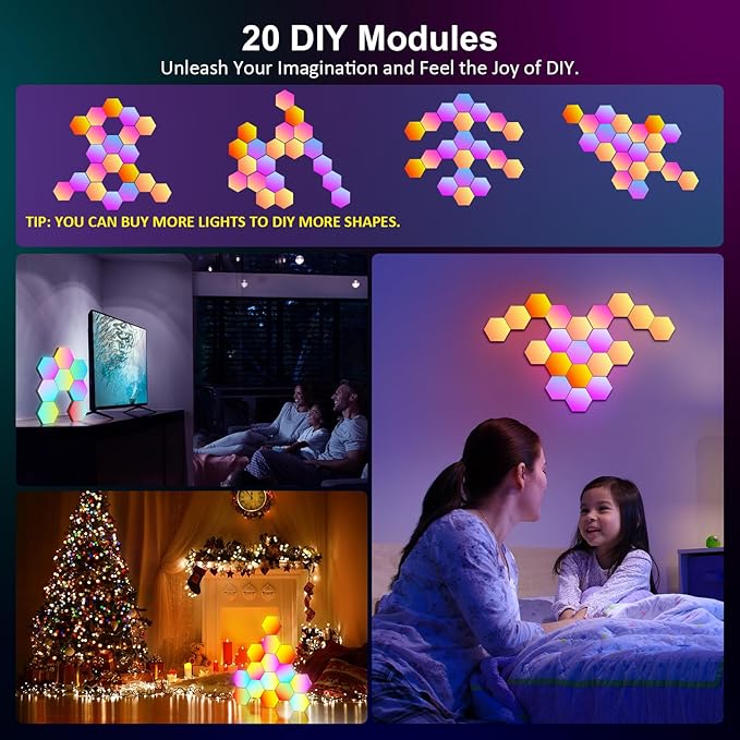 OJQ 20 Pack Hexagon Lights Wall RGB Panel - Hexagonal Led Lights Room Decor Wall Lights Smart APP Music with Sync Honeycomb Shape Panels Hexagon Gaming Lights for Bedroom Children