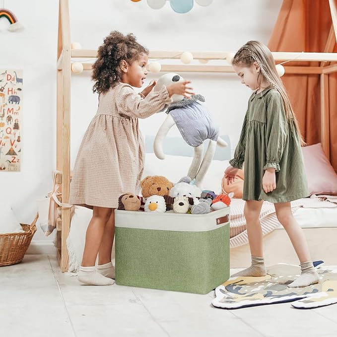 DULLEMELO 2-Pack Large Storage Baskets for Organizing 16"x12"x12" Canvas Fabric Storage Basket Bins With Leather Handles for Shelf Clothes Empty Gift Basket (White&Green)