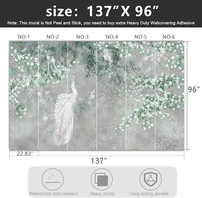 -Green Leaf Botanical Peacock Fabric Wallpaper Wallpaper Living Room Bedroom Bathroom Grey Plant Large Wall Mural- 137"x96"（ not Peel and Stick）