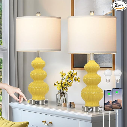26" Set of 2 Yellow Ceramic Table Lamps with USB A+C Ports & AC Outlet, 3-Way Dimmable Gourd Bedside Nightstand Lamps with White Shade for Bedroom, Living Room, Office