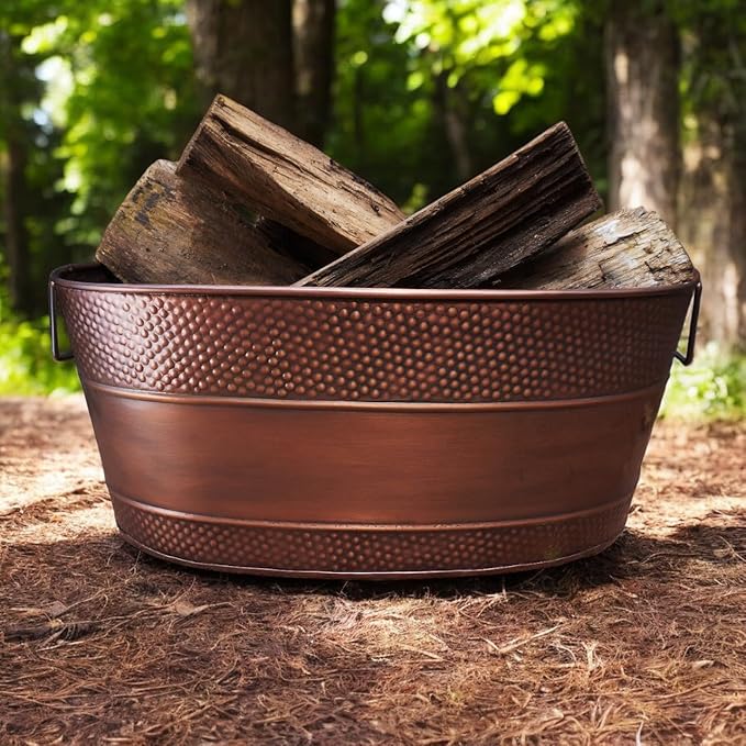 BREKX Copper Galvanized Tub for Indoor Firewood Storage Rack Log Holder - 25QT Heavy-Duty Portable Tub with Handles -Multi-Use for Planters, Blankets for Living Room, Etc