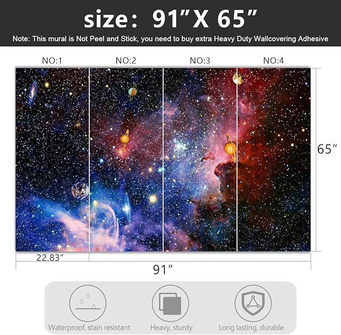 -Galaxy Universe Planet Ceiling Fabric Wallpaper Boys Girls Nursery Starry Sky Children Bedroom Bathroom Large Mural- 91"x65"（ not Peel and Stick）