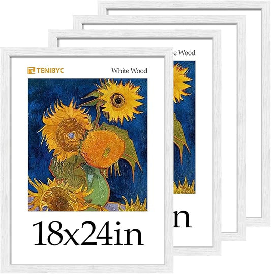 18 x 24 Poster Frame Set of 4, White Wood Picture Frame, Display Pictures, Posters and Puzzles, Horizontal or Vertical Wall Hanging