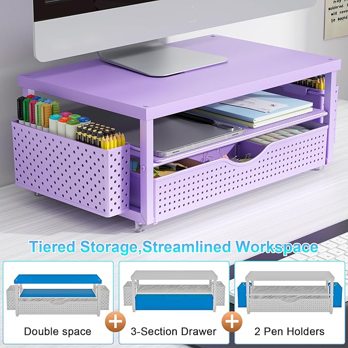 gianotter Wood Monitor Stand Riser, Desk Organizer with Drawer and 2 Pen Holders, 2-Tier Workspace Organizer for Office Supplies (Purple Wood)