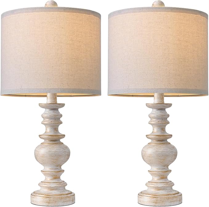 BOBOMOMO 20" Retro Table Lamps Set of 2 - Farmhouse Lamp for Living Room with Linen Shades, Rustic Bedside Nightstand Lamps, Resin Lamps for Bedroom Nursery Room Hallway - Ideal for Compact Spaces
