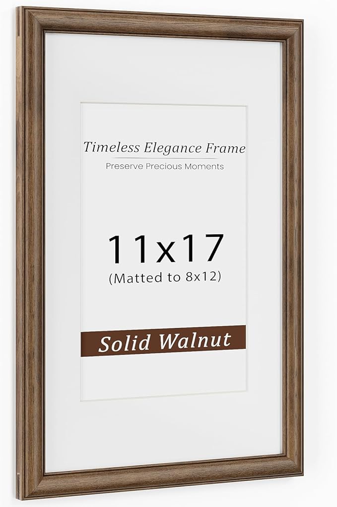 11x17 Picture Frame, USA-Sourced Walnut Wood Frame with Tempered Glass, Display 8x12 with Mat or 11x17 Without Mat, 11 by 17 Photo Frame for Vertical & Horizontal Display, Handcrafted, 1 Pack