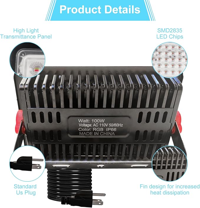 2 Pack 100W RGB Flood Light, RGB Color Changing Floodlight, Smart RGB Floodlight with Remote Control, for Club, Wedding, Poster, Stage Lighting, Birthday Party, KTV, Halloween, Christmas