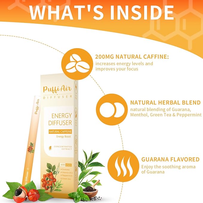 Herbal Diffuser Duo with Mullein, Guarana & More丨Day Vitality Duo for Fresh Breath & Energy Boost Support - 600 Uses Per Stick