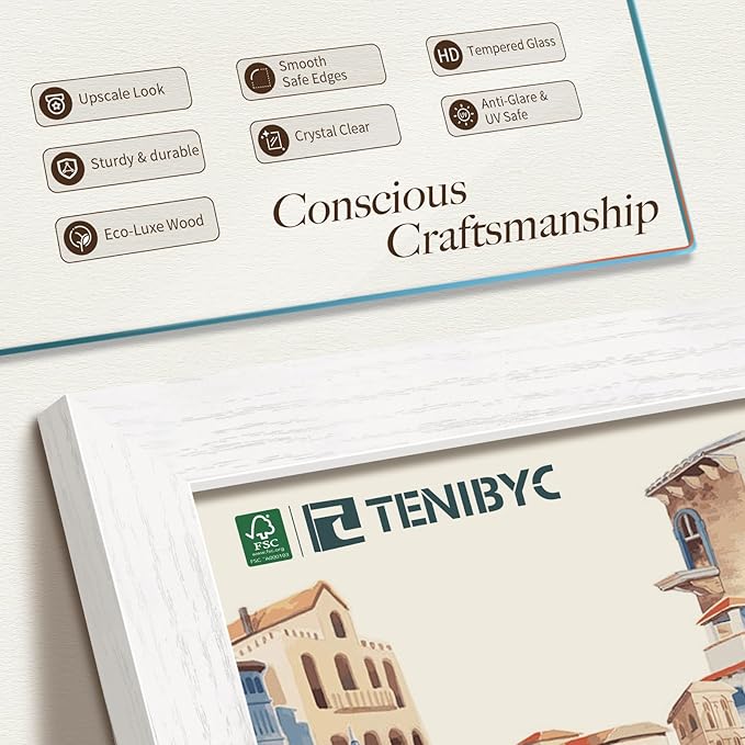 13x19 Picture Frame 4 Pack - White Solid Wood Poster Photo Frame - Tempered Glass - Woodgrain Series - Room, Office, Gallery, Studio Display - Wall Hanging