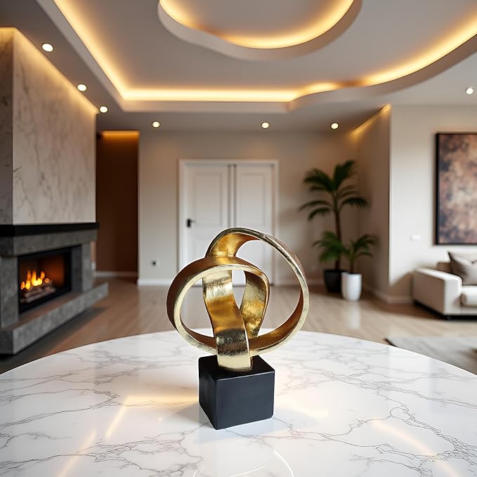 10" Modern Abstract Ribbon Decorative Sculpture, Knot Sculptures,Home Decor,Coffee Table Statues,Dining Living Room Desk Decor（Golden）