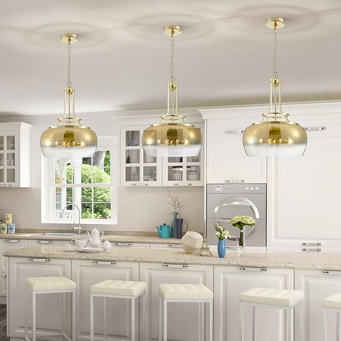 WUZUPS Gold Chandelier Rustic Farmhouse Industrial Round Ceiling Pendant LED Light Fixture with Gradient Glass Shade for Dining Room Kitchen Island Foyer Entryway, H 20.9" W 15.9", E26 Base