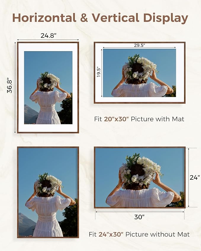 Marsmiles 24x36 Wooden Picture Frame, USA-Sourced Natural Oak Solid Wood Photo Frame with Real Glass for Display Pictures 20x30 with Mat or 24x36 without Mat, Walnut, 1 Pack