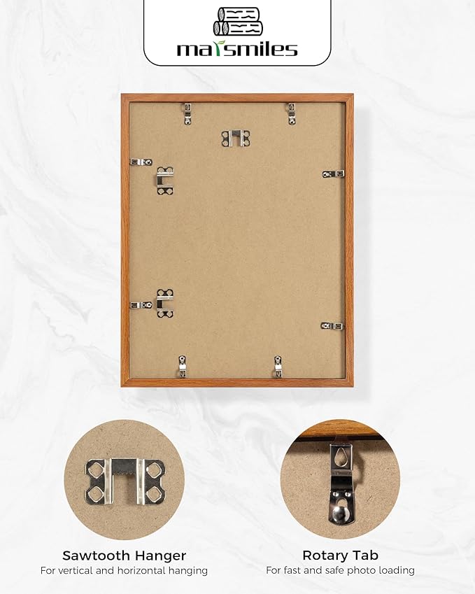 Marsmiles 11x14 Wooden Picture Frame, USA-Sourced Natural Oak Solid Wood Photo Frame with Plexiglass for Display Pictures 8x10 with Mat or 11x14 without Mat, Teak, 3 Pack