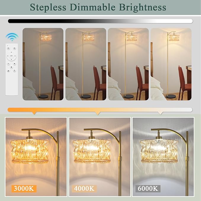 Vintage Gold Floor Lamp for Living Room, Amber Glass Lampshade Modern Standing Lamp with Remote, Mid Century Dimmable Tall Lamp for Bedroom, Study Room (Bulb Included)