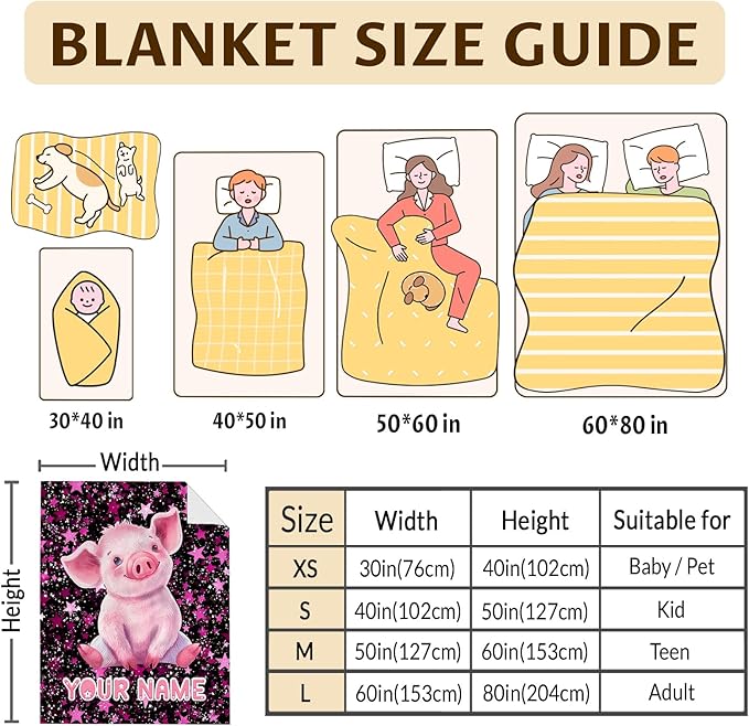 Pig Blanket for Gift, Custom Girls Blankets, Pink Cozy Soft 50 x 40 Inches Flannel Throws for Bed Travel Sofa Living Room