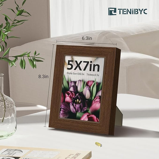 5x7 Picture Frame 4 Pack - Brown Wood, HD Tempered Glass, 5 x 7 Photo Frame for Table Top and Wall Display, Gift for Family