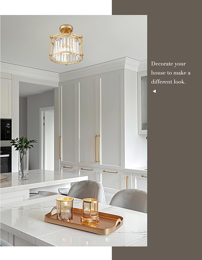 Crystal Semi Flush Mount Chandelier, 11'' Gold Ceiling Light, Modern Flush Mount Light Fixture for Bedroom Kitchen Laundry Entryway, CL4832-1W-PG