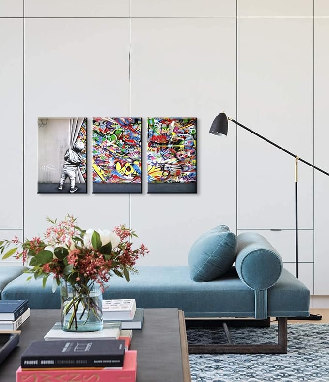 Mistyefly 3 Pieces Banksy Wall Art Behind The Curtain Canvas Prints Graffiti Wall Art Pop Art Street Art Colorful Paintings Banksy Artwork for Bedroom (12''Wx16''Hx3PCS)