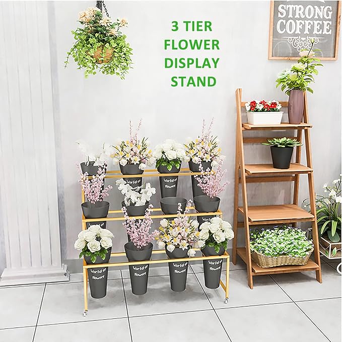 Flower Display Stand With 12PCS Buckets, 3 Layers Metal Plant Stand with Wheels, Heavy Duty Moving Plant Cart Shelf, for Indoor, Outdoor Patio Garden, Living Room, Florist (Black - Round Bucket)