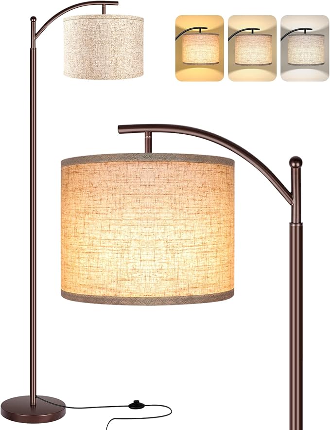ROTTOGOON Floor Lamp for Living Room, LED Tall Industrial Standing Lamp Reading for Bedroom, Office (9W LED Bulb, Beige Lampshade Included) -Oil-Rubbed Bronze