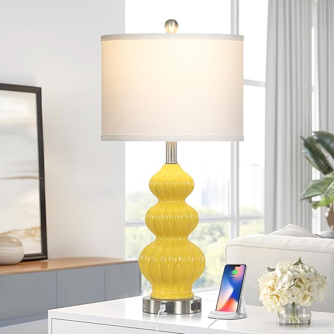 26" Set of 2 Yellow Ceramic Table Lamps with USB A+C Ports & AC Outlet, 3-Way Dimmable Gourd Bedside Nightstand Lamps with White Shade for Bedroom, Living Room, Office
