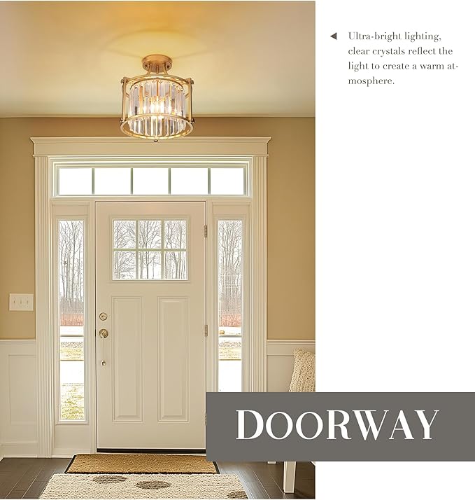 Crystal Semi Flush Mount Chandelier, 11'' Gold Ceiling Light, Modern Flush Mount Light Fixture for Bedroom Kitchen Laundry Entryway, CL4832-1W-PG