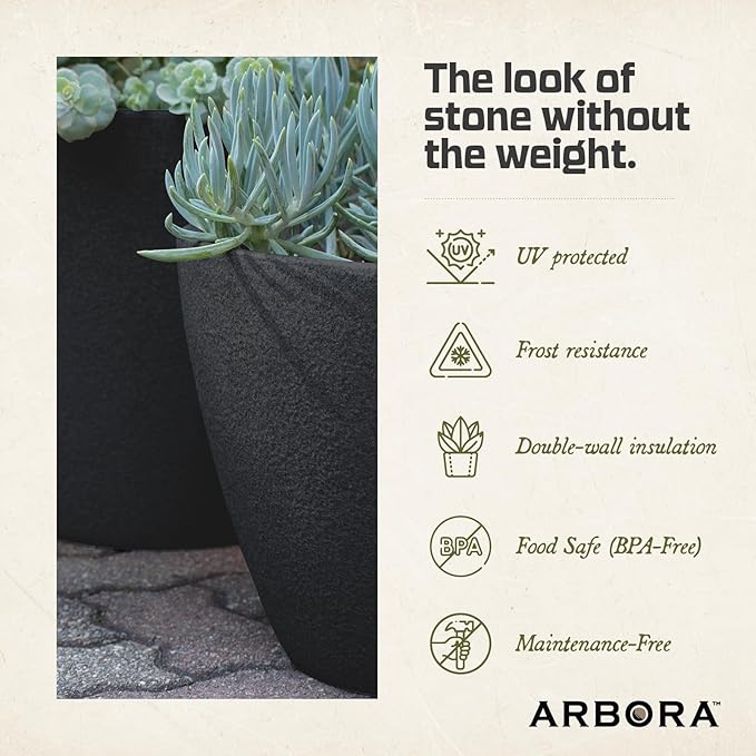 ARBORA 16" Valencia Polyresin Indoor and Outdoor Planter with Classic Black Finish - Durable, Weatherproof, Lightweight, Large Plant Pot for Patio, Garden, Deck, Entryway