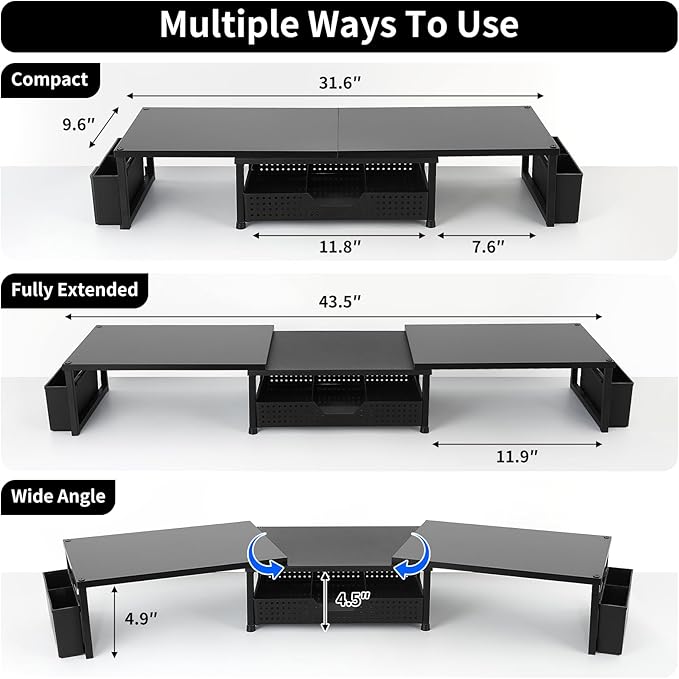 Desk Dual Monitor Stand Riser - Desk Organizer with Drawer and Pen Holders, Office Desk Accessories & Workspace Organization, Computer Monitor Stand for Laptop, Printer, TV(Black Wood)