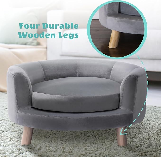 CRITTER SITTERS 28-In. Faux-Velvet Gray Dog Couch for Small to Medium-Sized Dogs, Modern and Stylish Elevated Dog Bed, Durable and Comfortable Pet Beds