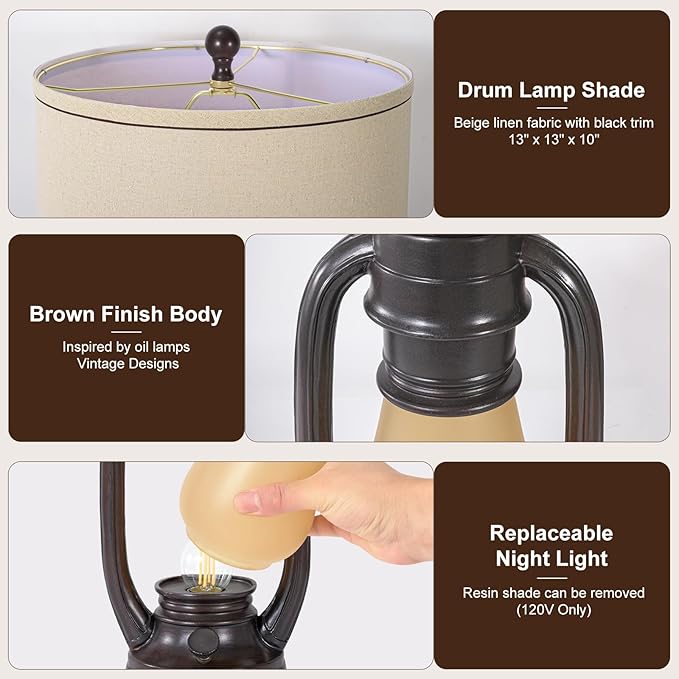 26'' Vintage Lantern Table Lamps Set of 2, Retro Bedside Nightstand Lamp with Nightlight and Linen Shade, Rustic Desk Lamp with USB A+C Ports, Farmhouse Table Lamps for Living Room Bedroom Study room