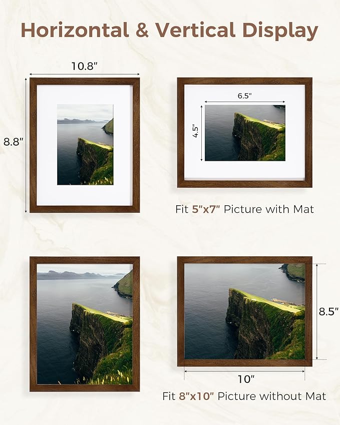 Marsmiles 8x10 Wooden Picture Frame, USA-Sourced Natural Oak Solid Wood Photo Frame with Plexiglass for Display Pictures 5x7 with Mat or 8x10 without Mat, Walnut, 1 Pack