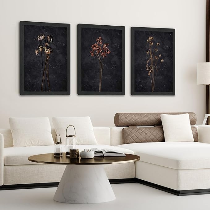 arfitest Vintage Flower Wall Art Dark Moody Wildflower Wall Decoration Minimalist Wildflower Frame Wall Decoration 16''x24'' Inch Set of 3 Black Photo Frames