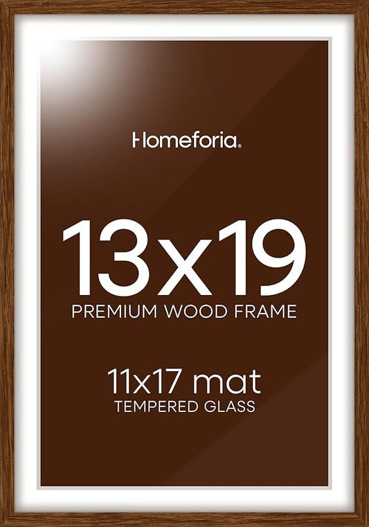 Homeforia 13x19 Picture Frame Brown, High End Dark Oak 13x19 Wooden Frames with Mat 11x17, 13 x 19 Walnut Wood Poster Frame Matted to 11 by 17, 19x13 Hanging Frames, Tempered Glass, Wall Kit, Set of 1