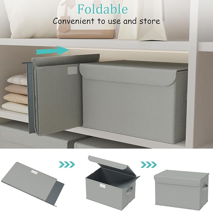 Foldable Storage Bin, Cube Organizer Basket with Flip-Top Lid and 2 Handles, Decorative Boxes for Shelves with Cover for Clothes, Towels, Blanket, 2 Pack, Grey, 13 x 9 x 7.9 In, XSNY12GM-2