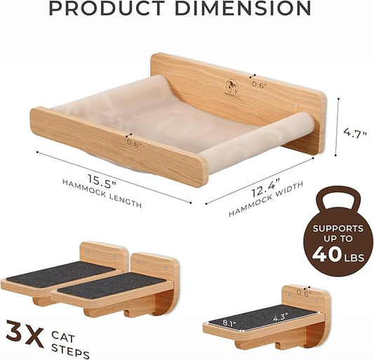 Space-Saving Cat Wall Shelves – Interactive Cat Wall Climber with Hammock & Dog Proof Feeding Station for All Indoor Breeds – Solid Natural Wood with Gray Carpet