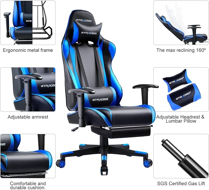 GTRACING Gaming Chair with Footrest, Ergonomic Computer Game Desk Chair, Reclining Game Chair Seat Height Adjustment, Swivel Rocker with Headrest and Lumbar (Blue)