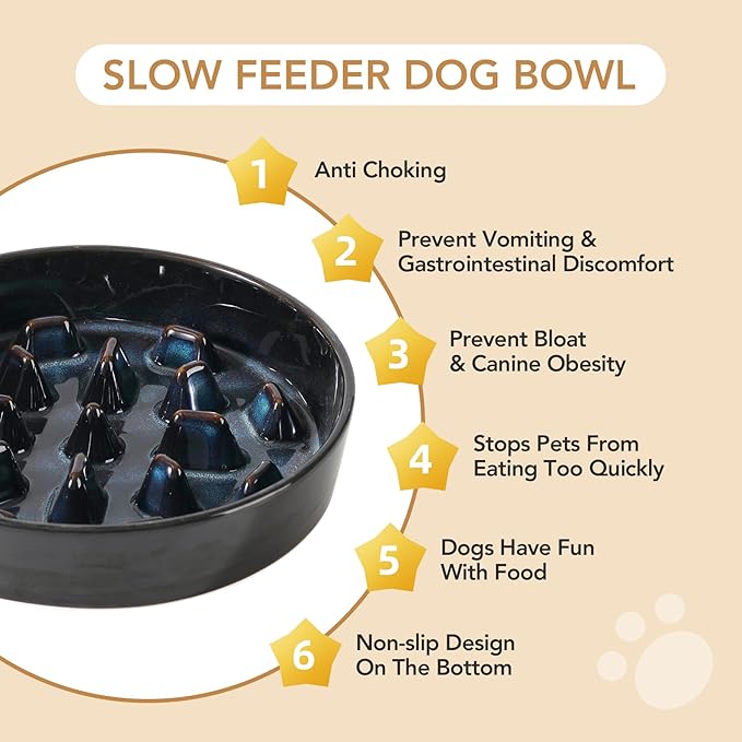 Ceramic Raised Slow Feeder Dog Bowl Set, Elevated 8.2inch Bowl and 9.5inch Slow Feeder Dish with Acacia Wood Stand for Large Dog, Preventing Choking(2X Starry Sky+ Stand)