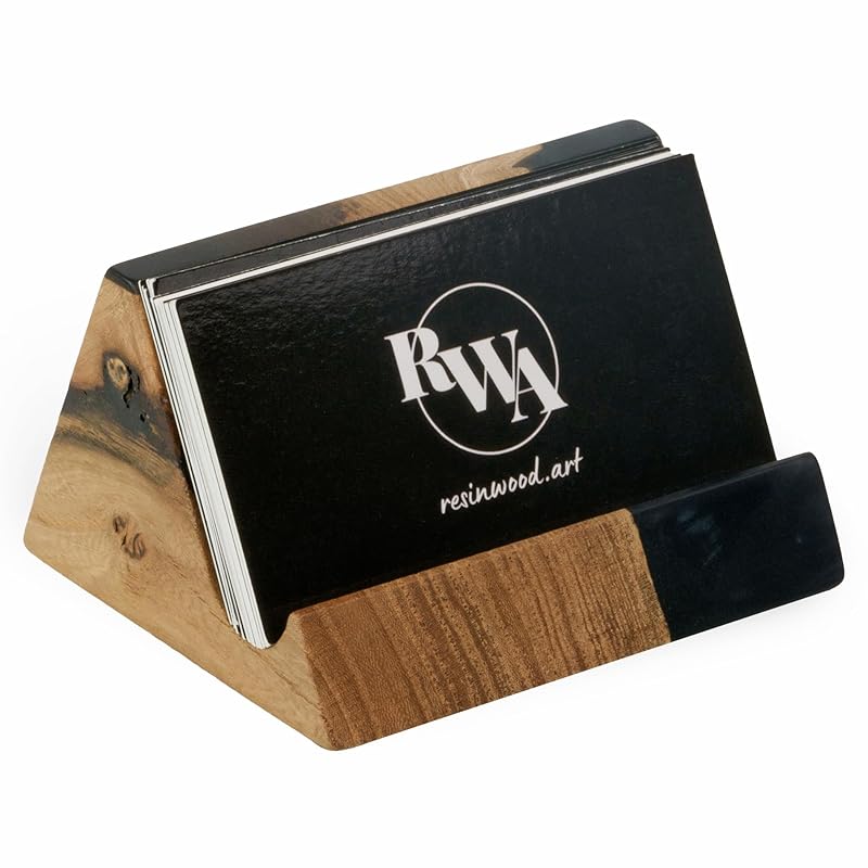 RWA Unique Business Card Holder for Men & Women - Stylish Durable Business Card Display Stand - Premium Desktop Business Card Holders Epoxy Wood Desk Organizer - Office Desk Accessories, BASIC, black