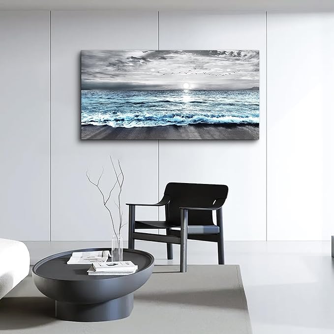 Lapremoly Large Canvas Wall Art - Black And White Beach Wall Painting Blue Ocean Sea Wave Landscape Artwork Posters For Living Room, Bedroom, Office Decor